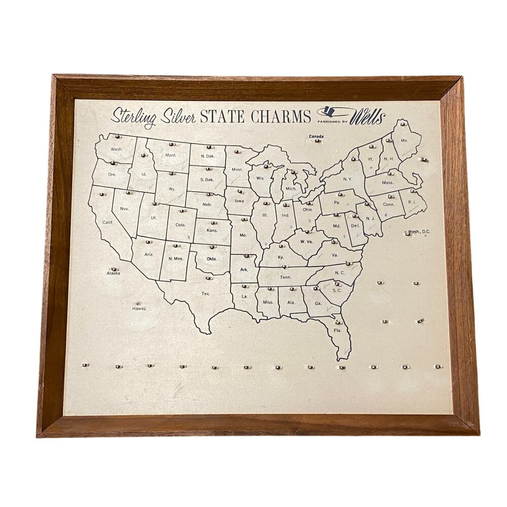 Rare Vintage Wells Sterling Silver State Charms Display Board Picture Frame